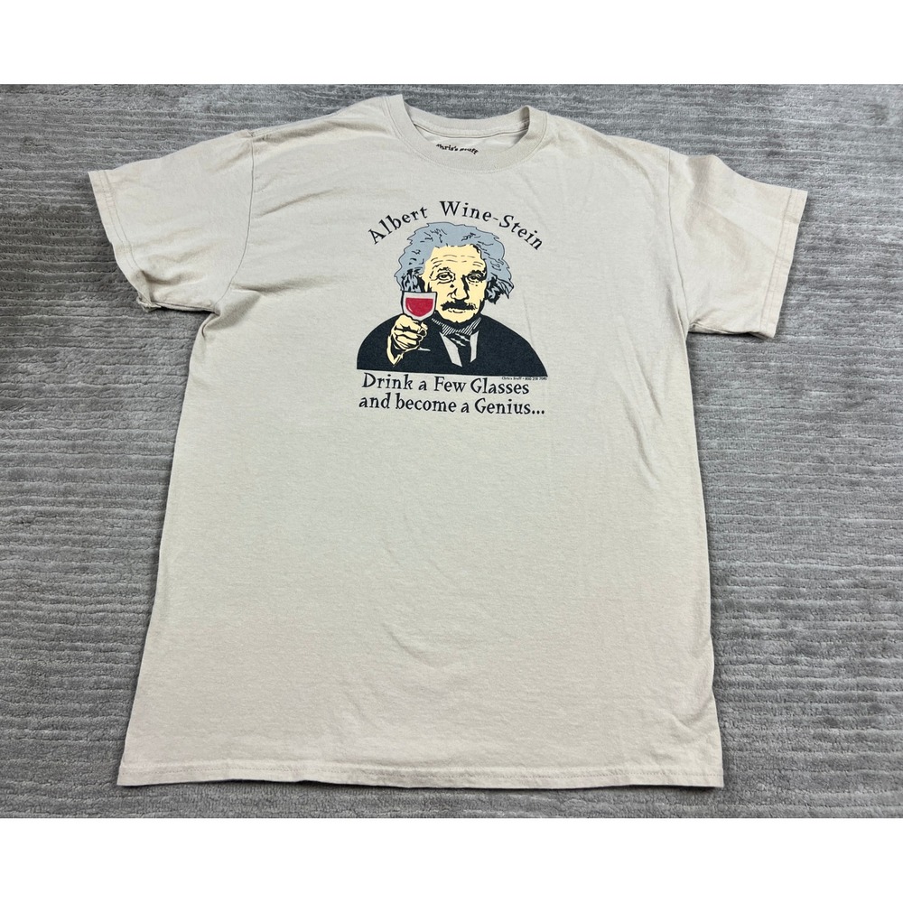 Chris's Stuff T-Shirt Mens M Tan Albert Wine-Stein Graphic Tee S/S Cotton